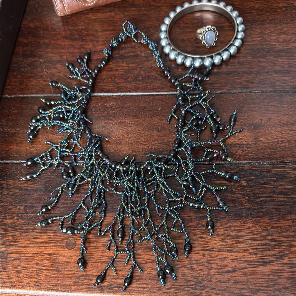 Black iridescent Beaded Necklace, Bangle and Ring Set